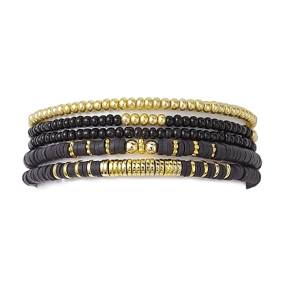 5Pcs 5 Style Polymer Clay Disc & Synthetic Hematite & Seed Beaded Stretch Bracelets Set BJEW-JB09685-02-1