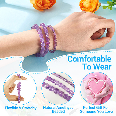 3Pcs Natural Amethyst Beads Stretch Bracelets for Women BJEW-TAC0033-1