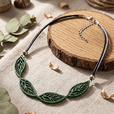Boho Hollow Wood Leaf Beaded Black Multi-Strand PU Leather Necklaces for Women WGCAA73-01-1