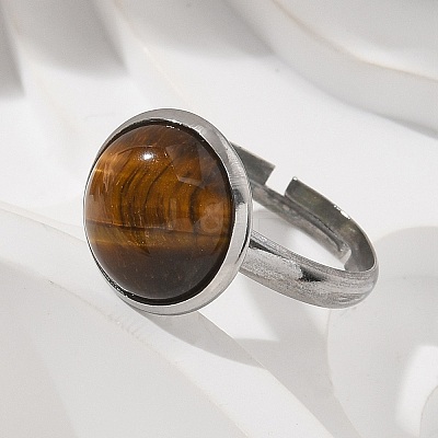 Half Round Natural Tiger Eye Finger Rings X-RJEW-M062-01P-08-1