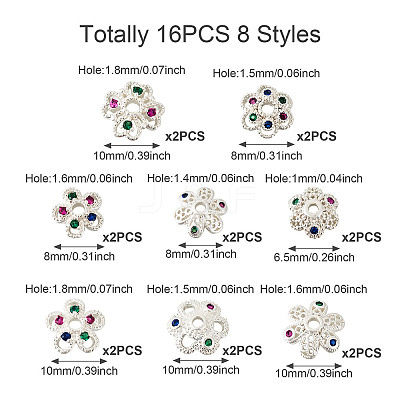 16Pcs 8 Styles Brass Micro Pave Cubic Zirconia Bead Caps ZIRC-TA0001-23S-1
