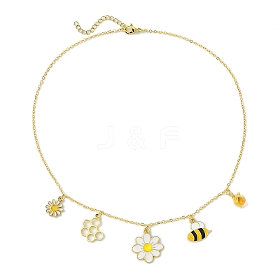 Flower & Bees & Honeycomb Alloy & Glass Pendant Necklaces X1-NJEW-TA00165-1