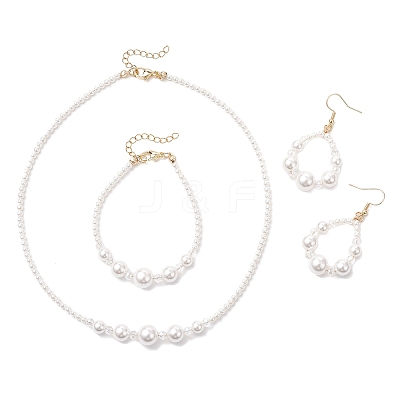 Round Natural Cultured Freshwater Pearl & Glass Beaded Bracelets & Necklaces & Dangle Earrings Sets SJEW-JS01366-1