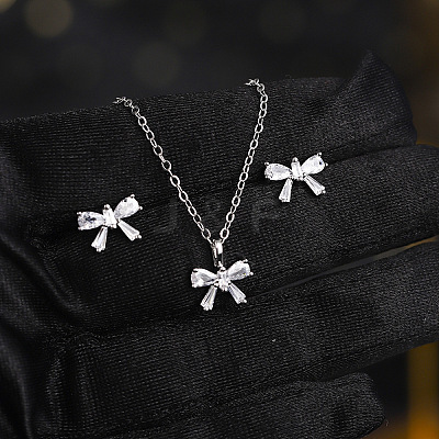 Brass Clear Cubic Zirconia Pendant Necklace & Stud Earrings Sets for Women FS-WGA251C-09-1