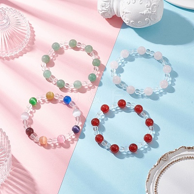 4Pcs 4 Colors Cat Eye & Synthetic Quartz Crystal & Natural Carnelian(Dyed & Heated) & Natural Rose Quartz & Natural Green Aventurine Round Beaded Stretch Bracelet Sets BJEW-JB12246-1