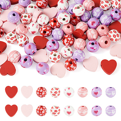 80Pcs 8 Styles Valentine's Day Printed Wood Beads WOOD-TA0003-01-1