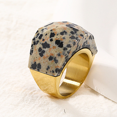 Fashionable 304 Stainless Steel & Natural Dalmatian Jasper Finger Rings FS-WG90577-35-1