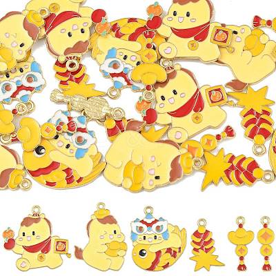 24Pcs 6 Styles New Year's Day Alloy Enamel Pendants ENAM-FS0004-29-1