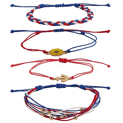 4Pcs 4 Style Flower & Anchor Braided Bead Bracelets Set BJEW-SW00040-1
