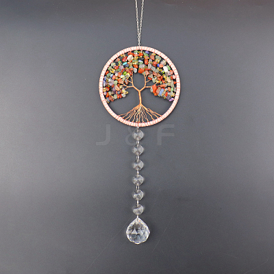 Tree of Life Mixed Gemstone Chip Suncatcher DJEW-PW0017-07-1