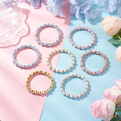 Flower Printed Porcelain Ceramic Beads Stretch Bracelets for Women BJEW-JB12375-1
