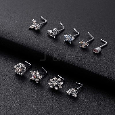 316L Surgical Stainless Steel Light Sky Blue Cubic Zirconia L-Shaped Nose Rings WG135CD-13-1