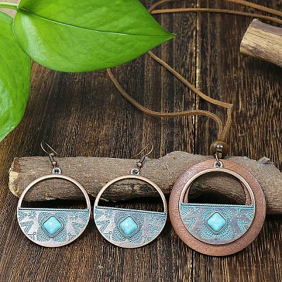 Bohemian Alloy & Wood Pendant Necklaces & Dangle Earrings Sets WG8FC17-01-1