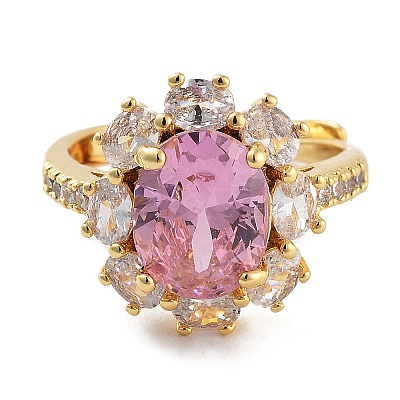 Flower Rack Plating Brass Micro Pave Cubic Zirconia Adjustable Rings for Women RJEW-Z059-11G-01-1