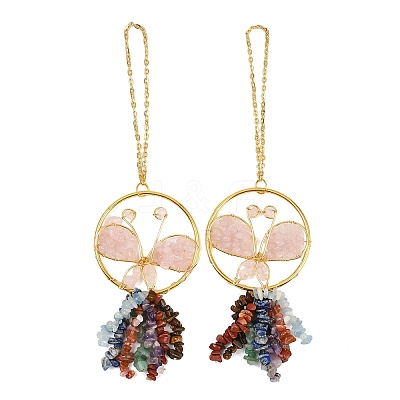 Butterfly Brass & Natural Rose Quartz Pendant Decorations HJEW-Z007-04G-04-1