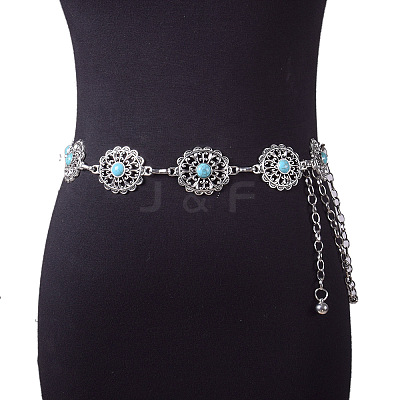 Alloy with Synthetic Turquoise Oval Flower Link Chain Waist Chains for Women FS-WG10943-01-1