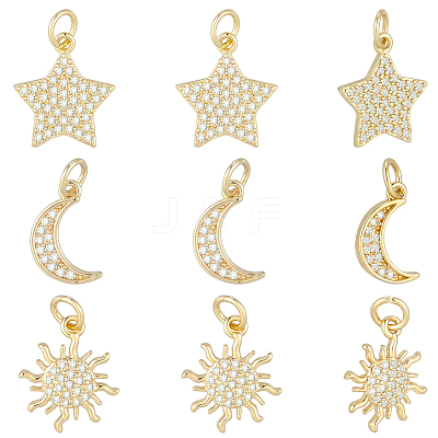 9Pcs 3 Styles Brass Micro Pave Cubic Zirconia Pendants ZIRC-BBC0003-75-1