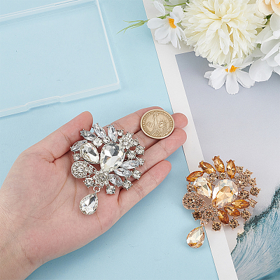 2Pcs 2 Colors Flower with Teardrop Zinc Alloy Rhinestone Brooch JEWB-GO0001-14-1