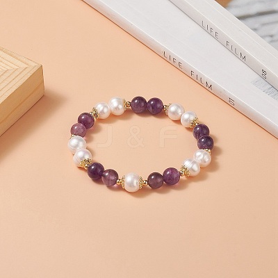 Natural Amethyst & Pearl Round Beaded Stretch Bracelet for Women BJEW-JB09246-01-1
