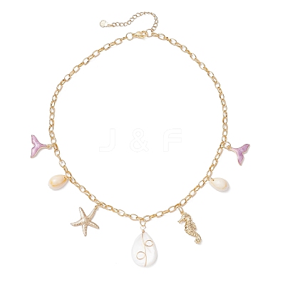 3Pcs 3 Styles Alloy Enamel Whale Tail Starfish & Natural Shell Teardrop Pendant 304 Stainless Steel Cable Chain Necklaces for Women NJEW-JN05407-1