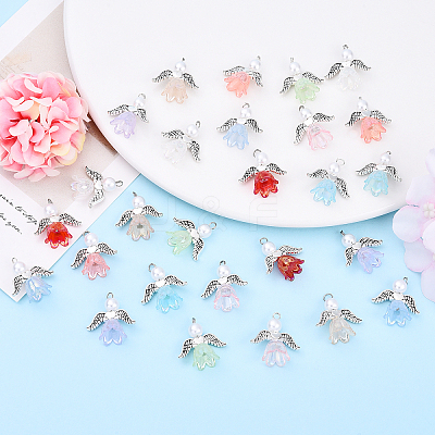 10Pcs Acrylic & Imitation Pearl Flower Angel Pendants PALLOY-YW00055-01-1