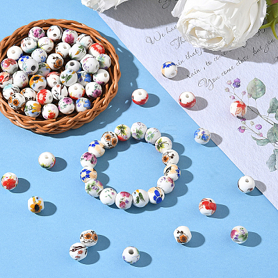 90Pcs 9 Colors Floral Printed Porcelain Beads PORC-SC0001-20-1