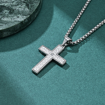 304 Stainless Steel Pave Clear Cubic Zirconia Hammered Religion Cross Pendant Necklaces for Men WG86616-02-1