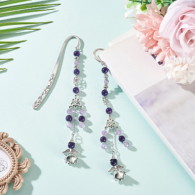 Natural Amethyst Round Beads & Alloy Angel Bookmarks AJEW-TA00053-1