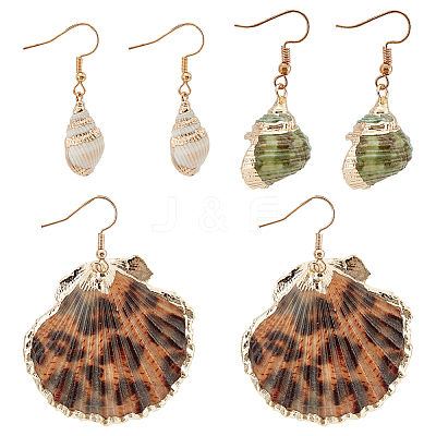 3 Pairs 3 Styles Natural Shell Dangle Earrings EJEW-AN0002-76-1