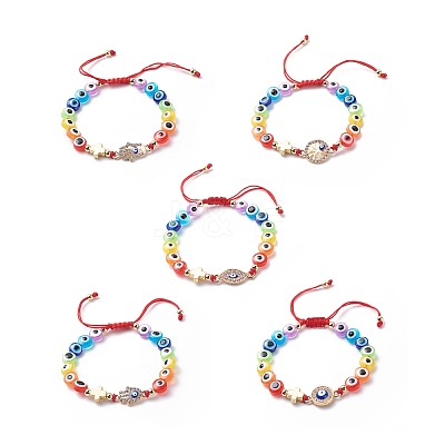 Evil Eye Resin Bead & Eye/Hamsa Hand/Flat Round Alloy Rhinestone Braided Beaded Bracelets for Girl Women BJEW-JB08742-1