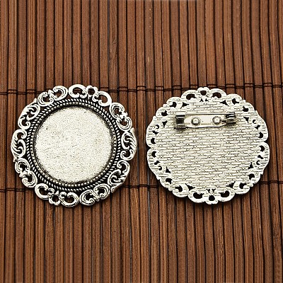 25mm Transparent Glass Cabochons and Flat Round Tibetan Style Brooch Cabochon Settings DIY-X0188-AS-NR-1