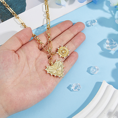 Brass Micro Pave Clear Cubic Zirconia Sun Heart Pendant Link Chain Necklaces NJEW-HS00021-1