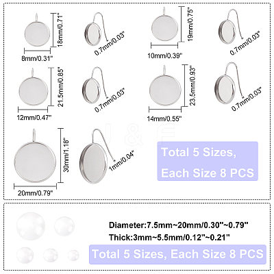 40Pcs 5 Styles Flat Round 304 Stainless Steel Earring Hooks Settings STAS-UN0026-16-1