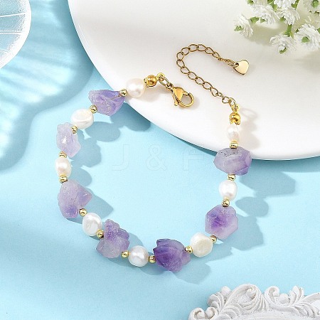 Raw Natural Amethyst Nuggets and Natural Cultured Freshwater Pearl Bead Beaded Bracelets BJEW-JB14387-01-1