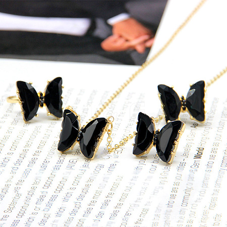 Butterfly Alloy Glass Pendant Necklaces & Stud Earrings & Rings Sets for Women WG31995-22-1