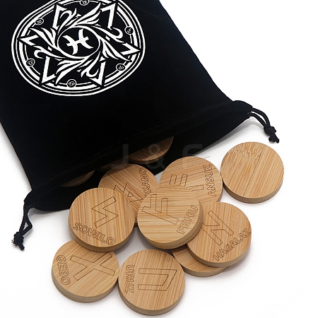 Wood Round Elder Futhark Alphabet Engraved Symbol Rune Stones Sets PW-WG106ED-02-1