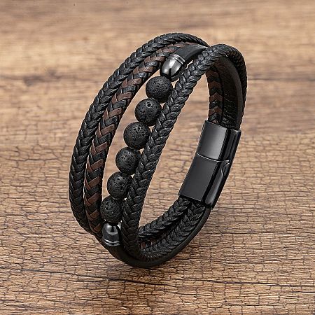 Natural Lava Rock Round Beads & Braided Imitation Leather Cord Bracelets for Men FS-WGCE7B3-01-1