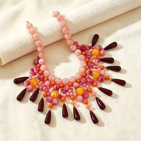 Summer Beach Resin & Glass Layered Bib Necklaces for Women WGA2460-02-1