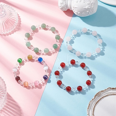 4Pcs 4 Colors Cat Eye & Synthetic Quartz Crystal & Natural Carnelian(Dyed & Heated) & Natural Rose Quartz & Natural Green Aventurine Round Beaded Stretch Bracelet Sets BJEW-JB12246-1