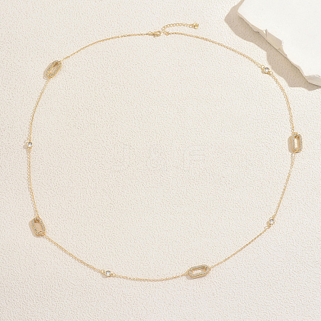 French Alloy Pave Clear Cubic Zirconia Hollow Geometric Oval Link Chain Long Necklaces for Women Party Casual QU7479-1