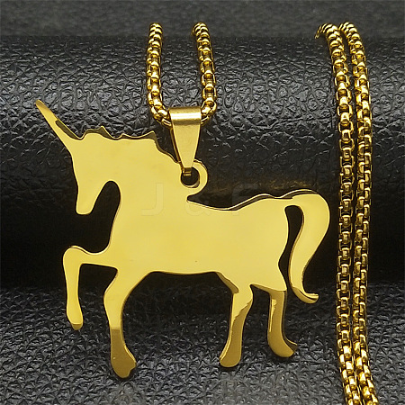 304 Stainless Steel Unicorn Pendant Necklaces NJEW-S007-13G-1