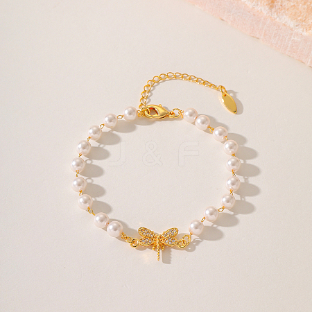 Fashionable Dragonfly Brass Crystal Rhinestone & Imitaiton Pearl Braided Bead Bracelets for Women DV0214-2-1