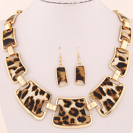 Rectangle with Leopard Print Imitation Leather Dangle Earrings & Necklaces Sets FS-WGEC6AB-01-1