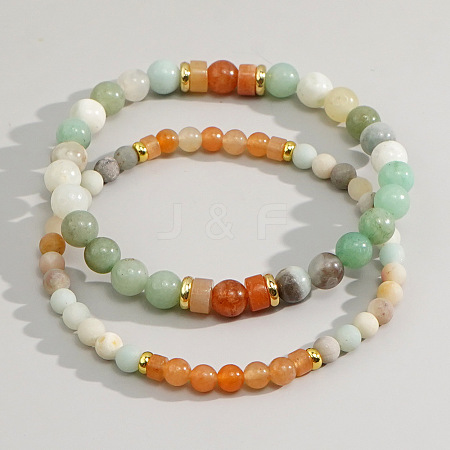 2Pcs Amazonite & Carnelian Beaded Stretch Bracelet Sets for Men CX6639-5-1