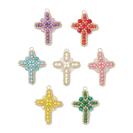 7Pcs 7 Colors Glass Seed Beaded Cross Pendants PALLOY-MZ00826-1