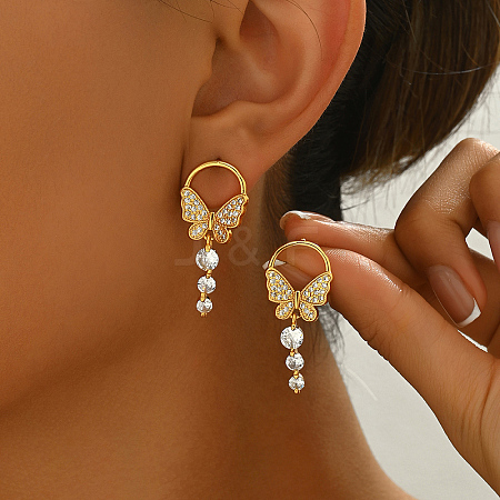 Elegant Butterfly Brass Pave Clear Cubic Zirconia Dangle Stud Earrings LS-UU2168-1