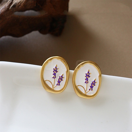 Brass Enamel Oval & Flower Stud Earrings WG2CA86-02-1