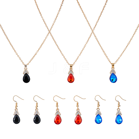 FIBLOOM 3 Sets 3 Colors Rhinestone Teardrop Dangle Earrings & Pendant Necklace SJEW-FI0001-27-1