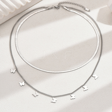 201 Stainless Steel Double Layer Butterfly Tassel Necklaces for Women MM9715-1