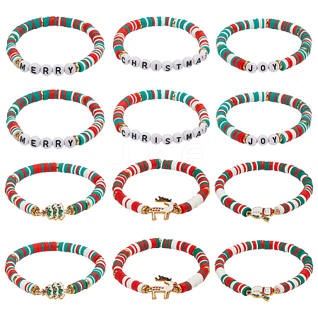 12Pcs 2 Sets Christmas Theme Polymer Clay Heishi Beaded Stretch Bracelets BJEW-ME0001-17A-1